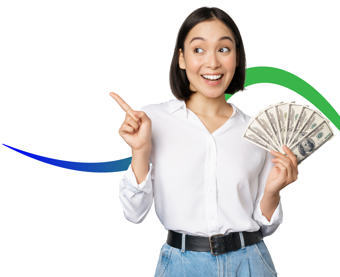 young-woman-holding-money-pointing