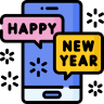 A stylized icon of a cell phone with text messages saying Happy New Year
