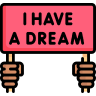 A stylized icon of a person holding a sign with the phrase 'I Have A Dream'